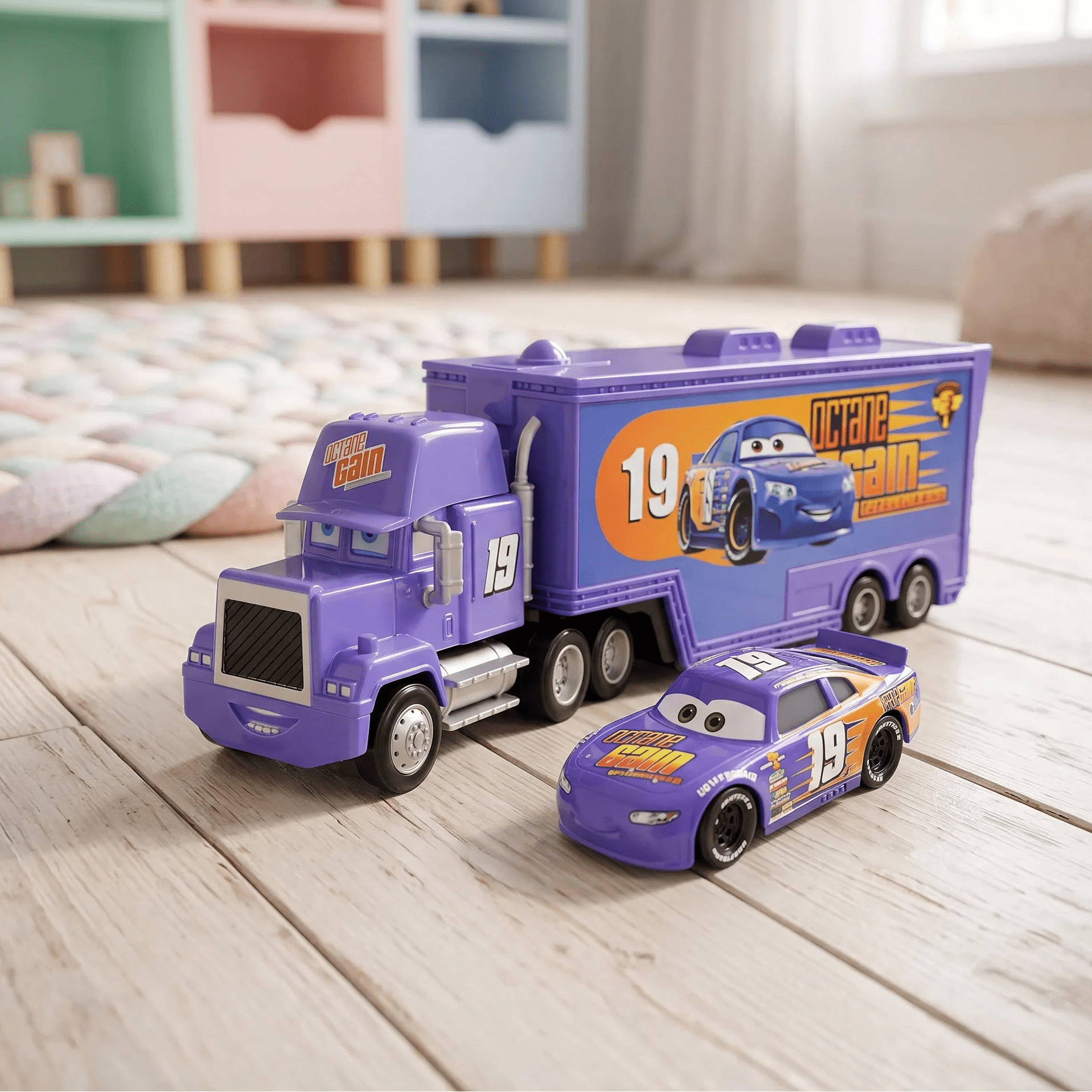 A purple toy race truck and matching small race car set placed on a light wood floor in a softly blurred room setting.
